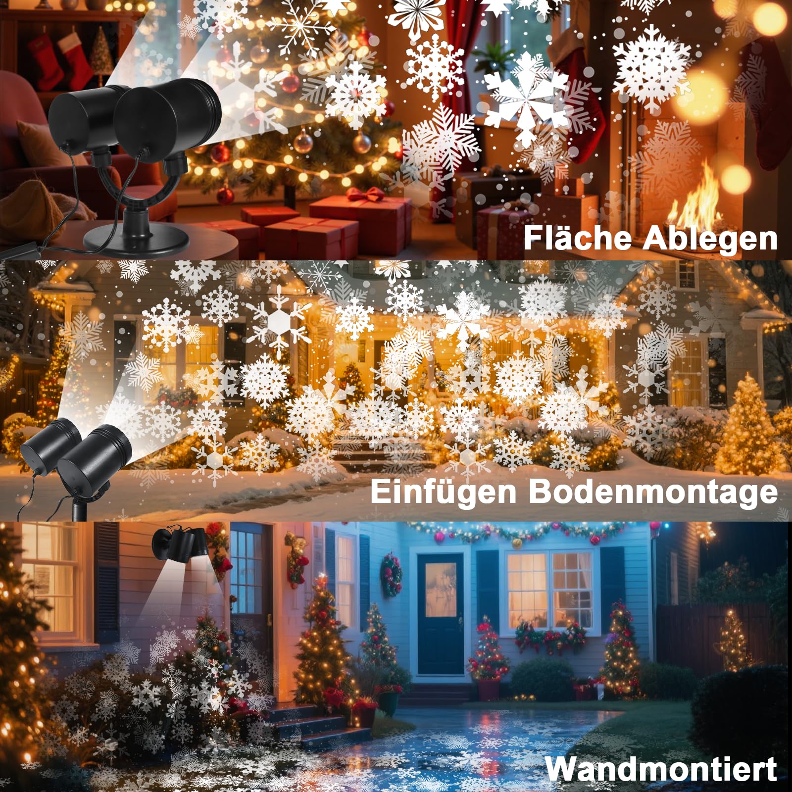 Projektor Weihnachten Aussen Doppelter Kopf, Led Schneeflocken Projektor mit Timer，Wasserdicht Led Schneeflocke Beleuchtung Weihnachten, Weihnachtsbeleuchtung Außen fur Wand Garten Hof Weihnachtsdeko
