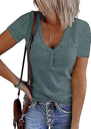 MEROKEETY Women's Summer Short Sleeve V Neck T Shirts Casual Ribbed Button Henley Knit Tops Blouse