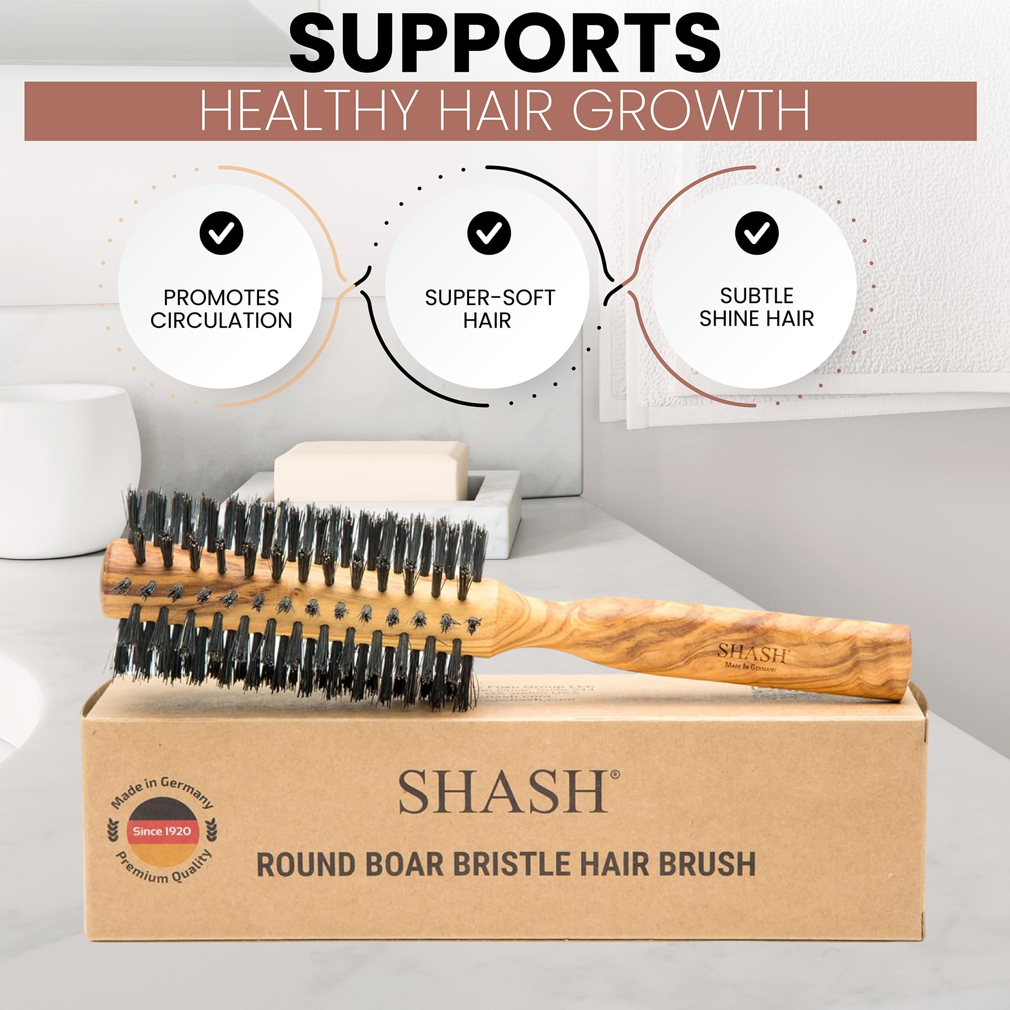 SHASH 1869 Cepillo Redondo con Cerdas de Pelo de Jabalí | Agrega Volumen y Movimiento, Cabello más Suave y Sedoso, Exfolia Cuero Cabelludo - Madera de Olivo