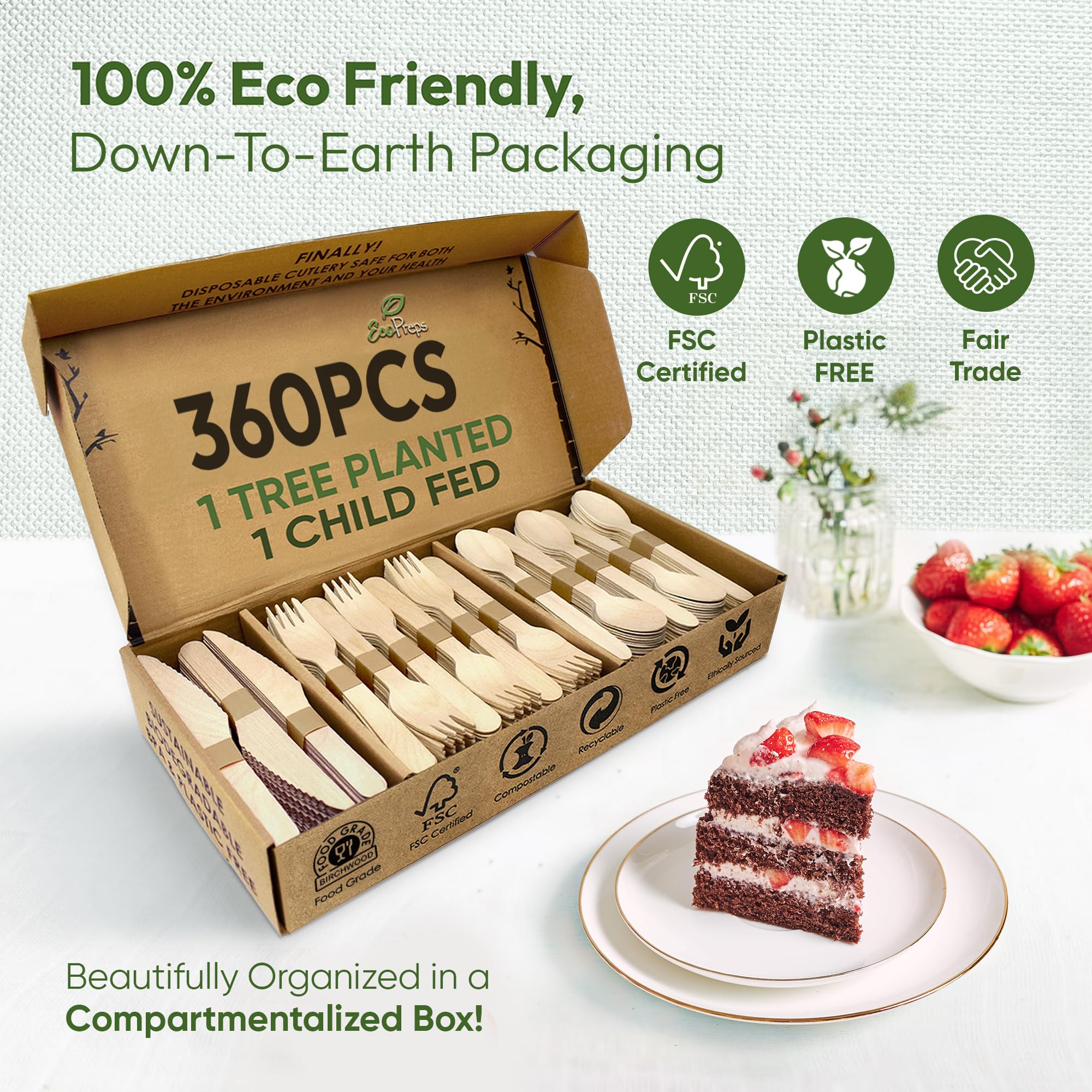 EcoPreps Set di posate in legno compostabile al 100% (350 pezzi, 150 forchette, 125 cucchiai, 75 coltelli), ecologici, naturali, biodegradabili, set di utensili usa e getta in legno, forchette,