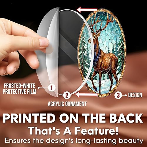 Miniatura 2 de Adorno de ciervo de vidrieras  Elegante decoración de árbol de Navidad de reno con escena del bosque, vida silvestre para amantes de la naturaleza o