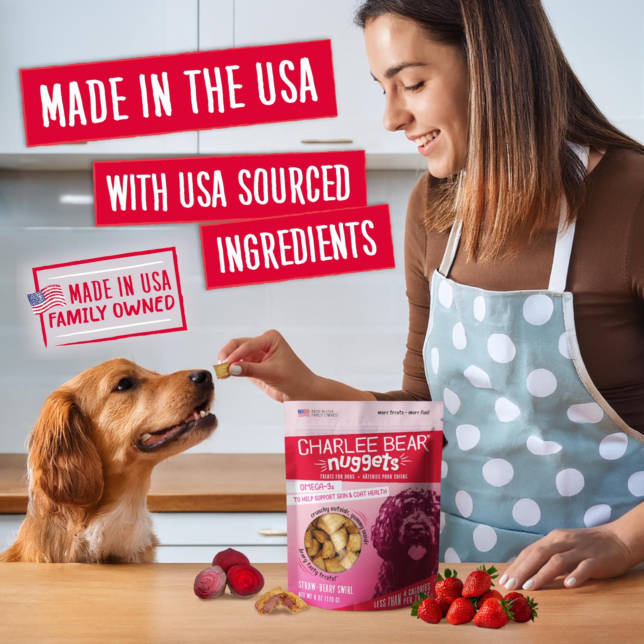 Charlee Bear Nuggets Knusprige und weiche Hundeleckerlis, Strawbeary Swirl, 170.1 g wiederverschließbarer Beutel, Haut- und Fellunterstützung, getreidefrei, kalorienarm, gesunde Hundesnacks