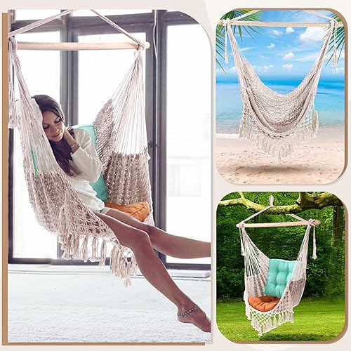 Miniatura 7 de 2 sillas tipo hamaca extra grande tejida a mano, columpio de cuerda para colgar, máximo 330 libras, silla de tejido de cuerda de algodón suave con