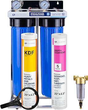 Aquaboon 2-Stage Whole House Water Filter System 20x4.5 inch with Prefilter & KDF, Sediment, Gauge & Release, Wrench, Freestanding Steel Frame