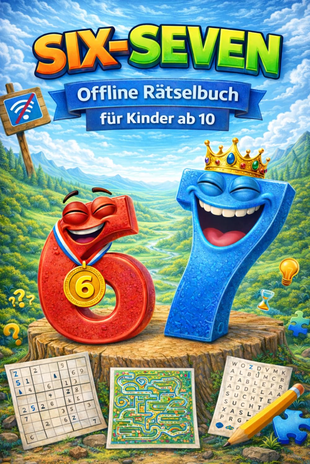 67 Six-Seven: Offline Rätselbuch für Kinder ab 10 – mit Wortsuche, Sudoku, Labyrinthen und Kreuzworträtseln · Beschäftigung gegen Langeweile · Ideales Geschenk für Kinder