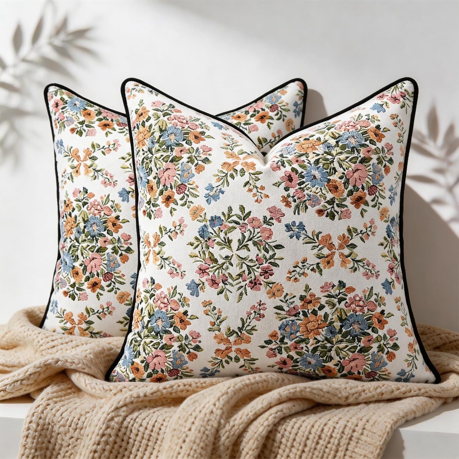 Classic Floral Throw Pillow Covers 20 x 20 Inch Set of 2, Rose Woven Farmhouse Couch Pillow Covers with Velvet Back & Corded Piping, Country Style Accent Cushion Cases, Light Aqua