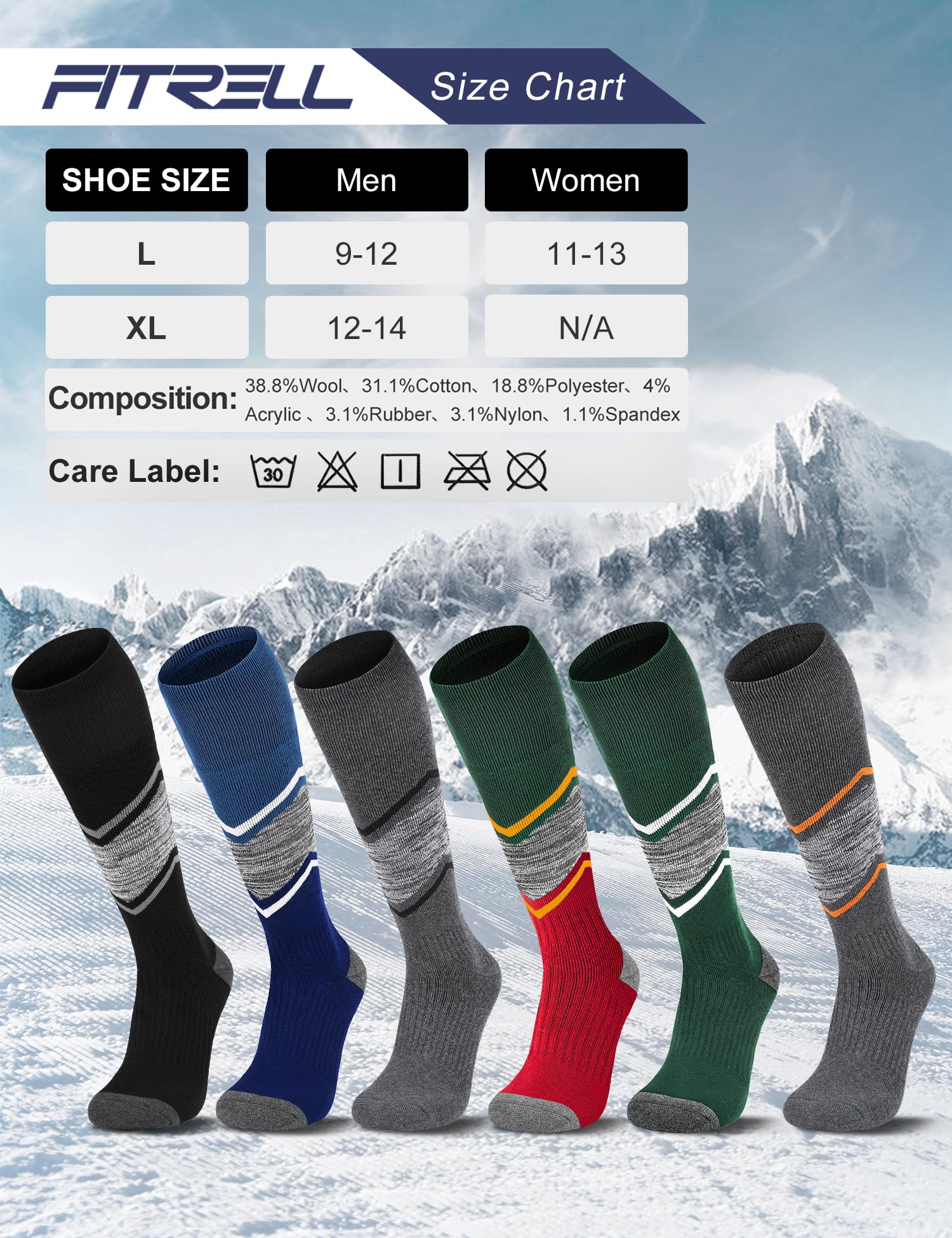 FITRELL 2 Pack Men's and Women's Ski Socks Full Cushioned Winter Merino Wool Thermal Knee High Warm Boot Socks for Skiing Snowboarding, Black+Blue+Christmas Match, Large
