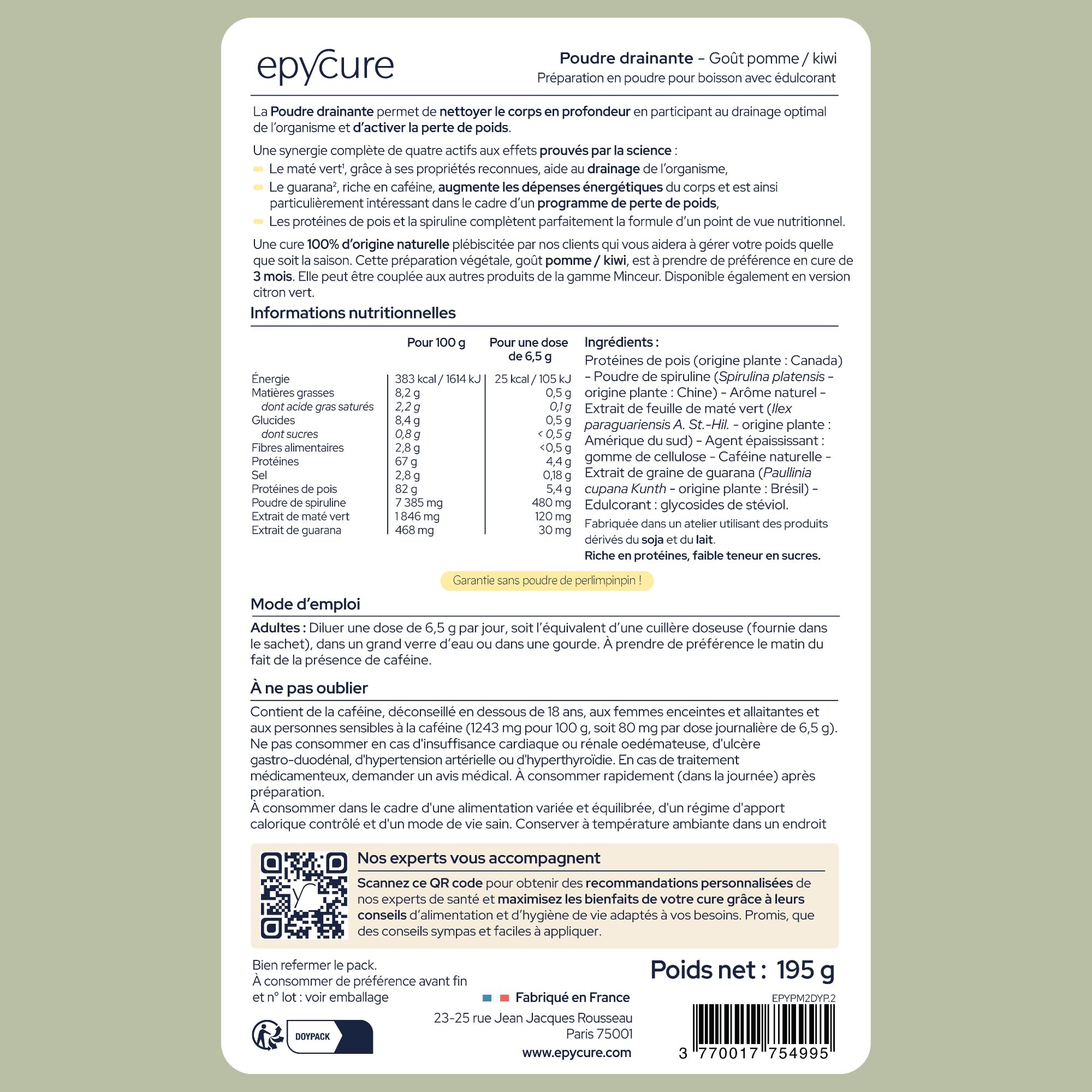 EPYCURE - Poudre Drainante - Détox, Contrôle du Poids, Coupe-Faim Naturel - 100% Naturel - Guarana, Maté Vert, Spiruline - 1 Mois - Sans Lactose, Sans Gluten - Pomme Kiwi