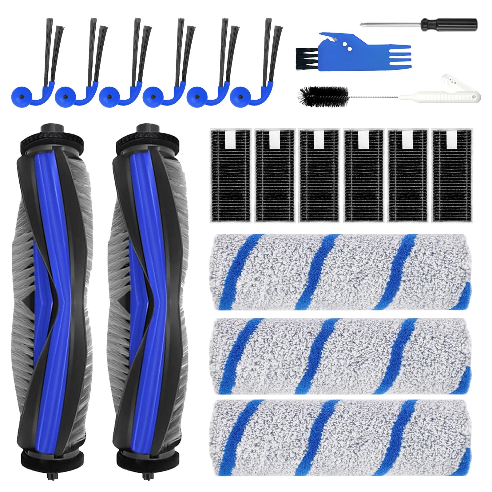 20Pcs Replacement Parts for ECOVACS DEEBOT X11 OmniCyclone/X11 Pro Omni Robot Vacuum, Accessories Kit ：2 Main Brushes, 6 Filters, 3 Roller Mop Pads, 6 Side Brushes，3 Cleaning Tools