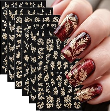 6 Sheets Fall Nail Stickers for Nail Art Gold Glitter Flower Leaf Nail Decals 3D Self-Adhesive Autumn Thanksgiving Nail Decals Fall Leaves Nail Decoration for Women DIY Manicure Nails Supplies