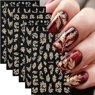 6 Sheets Fall Nail Stickers for Nail Art Gold Glitter Flower Leaf Nail Decals 3D Self-Adhesive Autumn Thanksgiving Nail Decals Fall Leaves Nail Decoration for Women DIY Manicure Nails Supplies