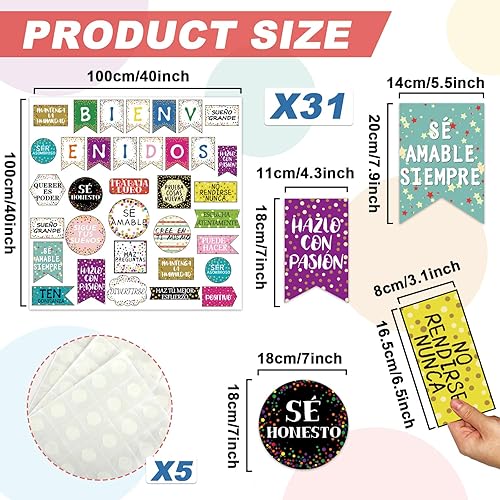 Miniatura 9 de Juego de tablón de anuncios de arcoíris español bohemio para aula, decoración motivacional para profesores, mentalidad de crecimiento, recortes