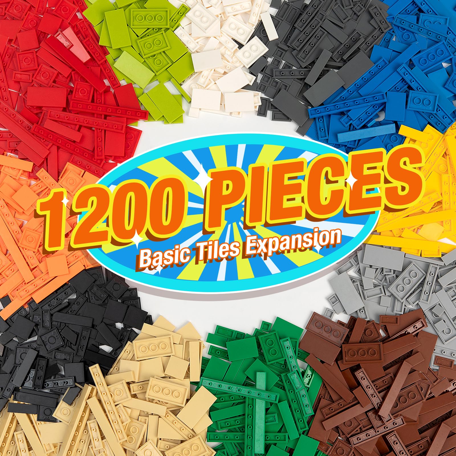 1200 Pieces Flat Pieces, 9 Sizes Classic Moc Parts and Pieces Tiles Expansion Set - Compatible with All Major Brands, Building Bricks Bulks for Smooth Surface, 12 Colors