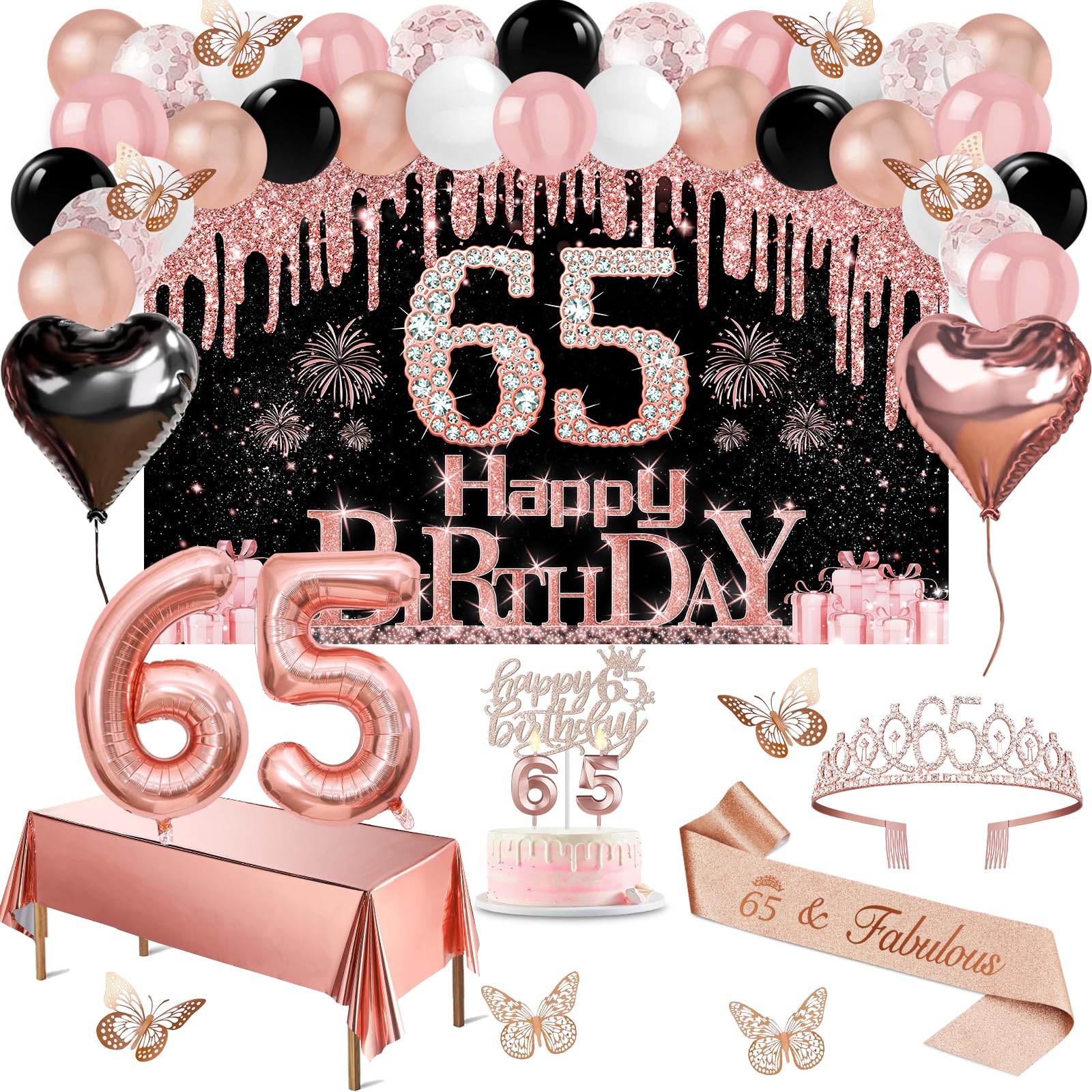 Amosking 65th Birthday Decorations for Women Rose Gold Black 49pcs — image 1
