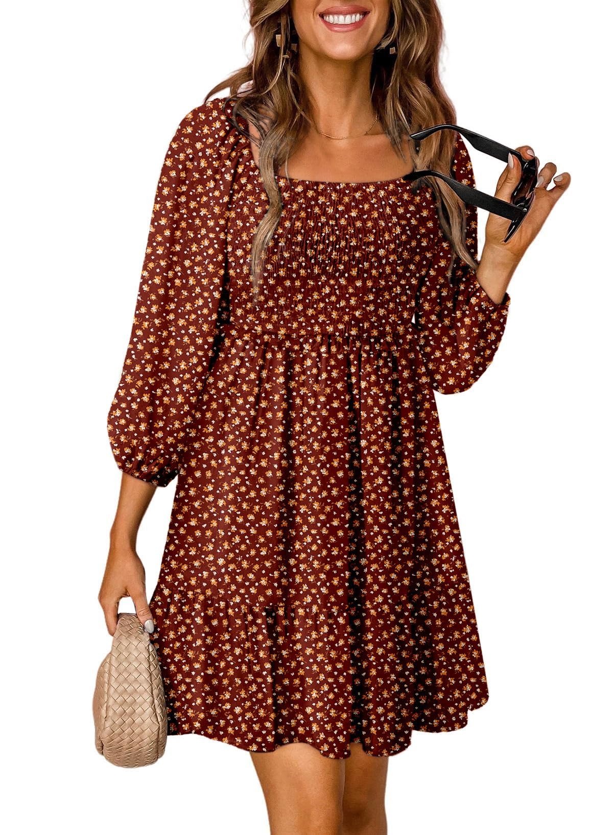 Dokotoo Fall Dresses for Women 2025 Boho Floral Square Neck Smocked 3/4 Sleeve Casual A-Line Swing Mini Dress Sundress OEKO-TEX STANDARD 100
