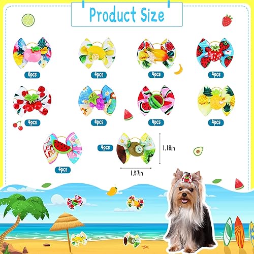 BOBOKA 42 piezas21 pares de lazos de verano para perros con bandas de goma, lazos para el pelo de perro de fruta hawaiana, lazos de aseo para