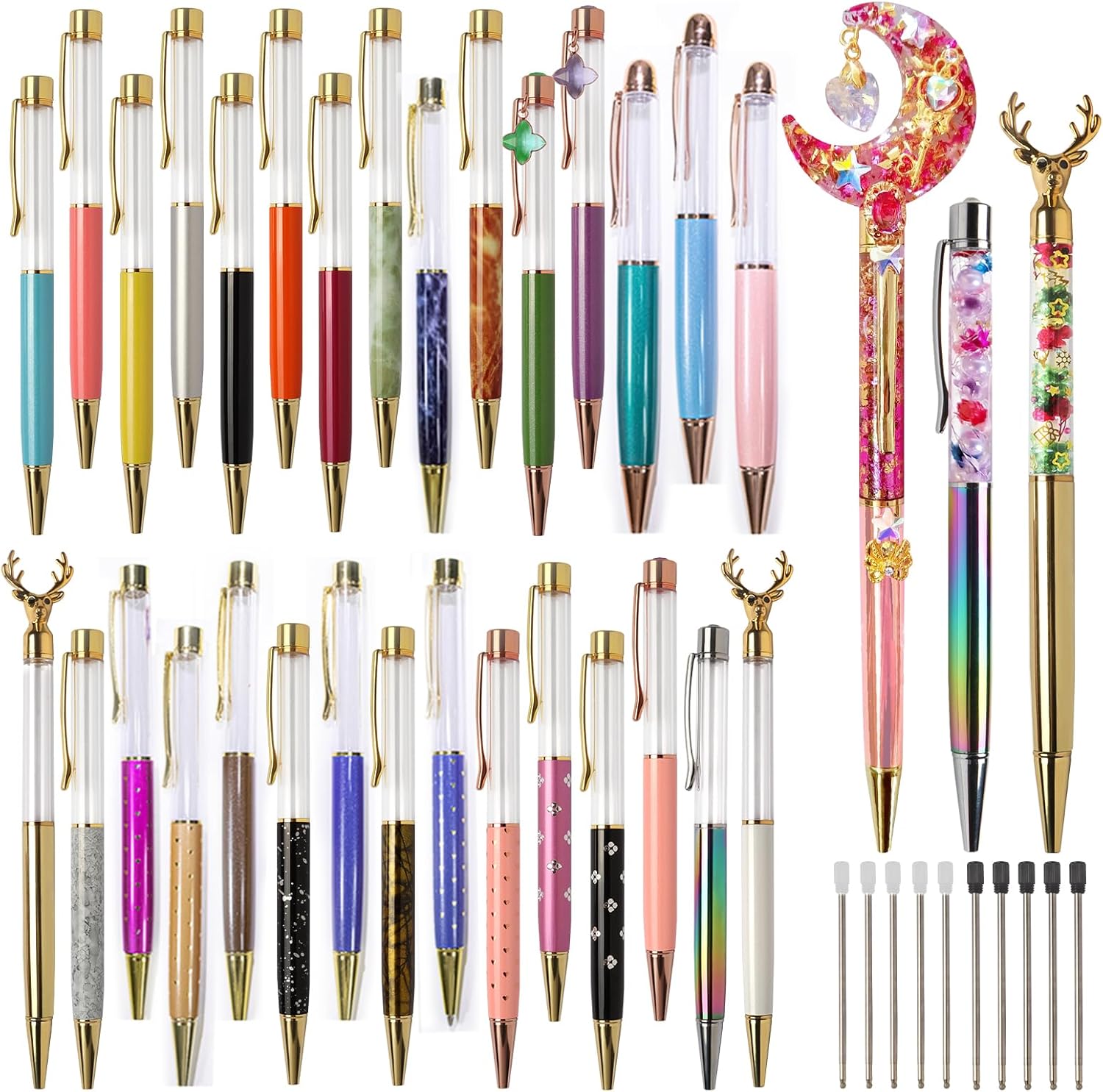 FUNSHOWCASE Floating Liquid Sand Ballpoint Pens Set 40-kit 30 Empty Tube Glitter Pen with 10 Replaced Black and Blue Refills