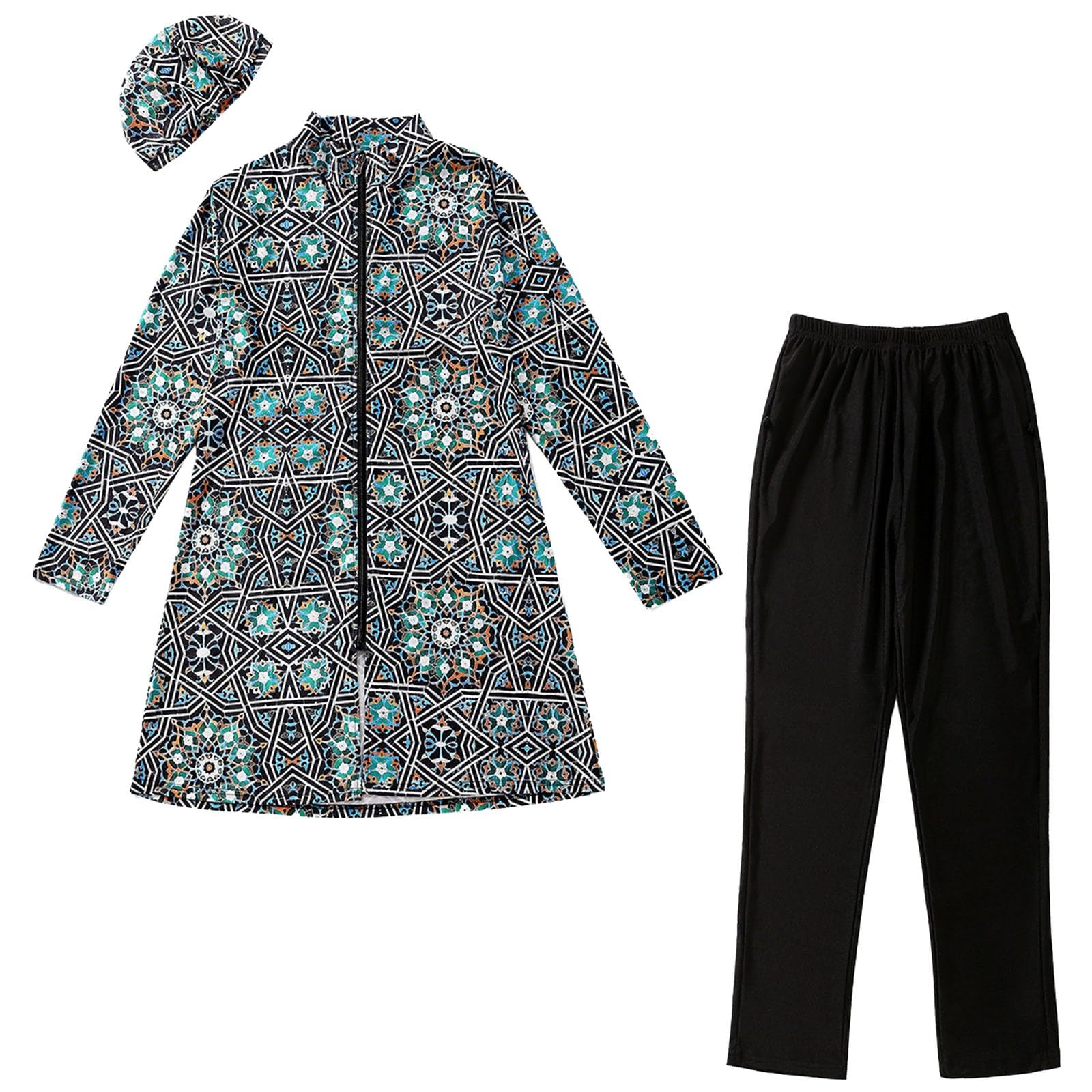 Générique Burkini intégral pour Femme Musulmane, Maillot de Bain Couvrant Ample à Manches Longues avec Capuche et Pantalon, Taille Haute, idéal pour la Natation et la Plage