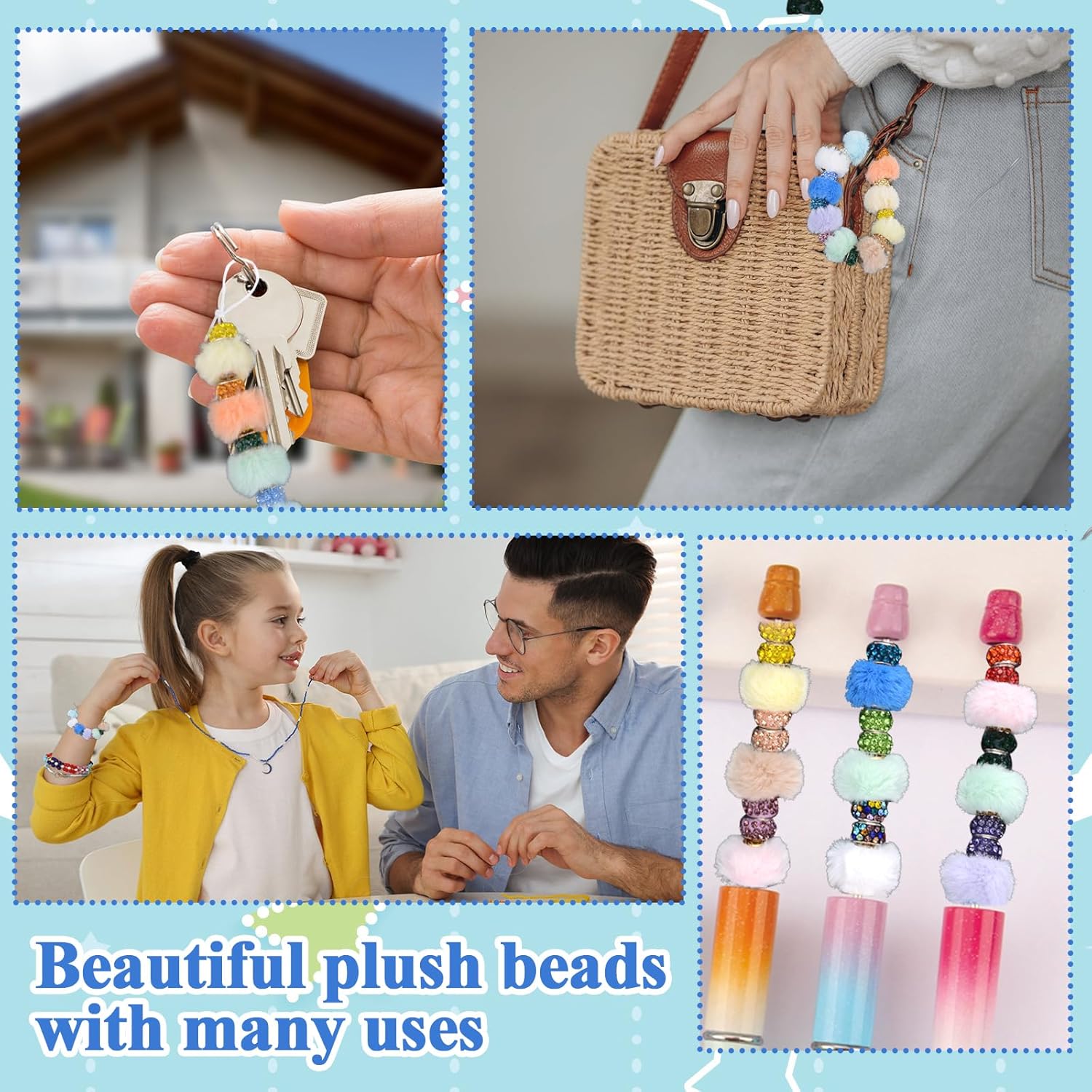 HACRAHO Plush Ball Beads,150 PCS Mixed Color Fluffy Faux Fur Pom Poms Beads with 50 PCS Rhinestone Beads for DIY Bracelet Keychain Pens Accessories