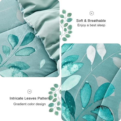 Miniatura 6 de Juego de edredón botánico verde, tamaño King, 7 piezas de hojas florales verde azulado, cama reversible en una bolsa con juego de sábanas para todas