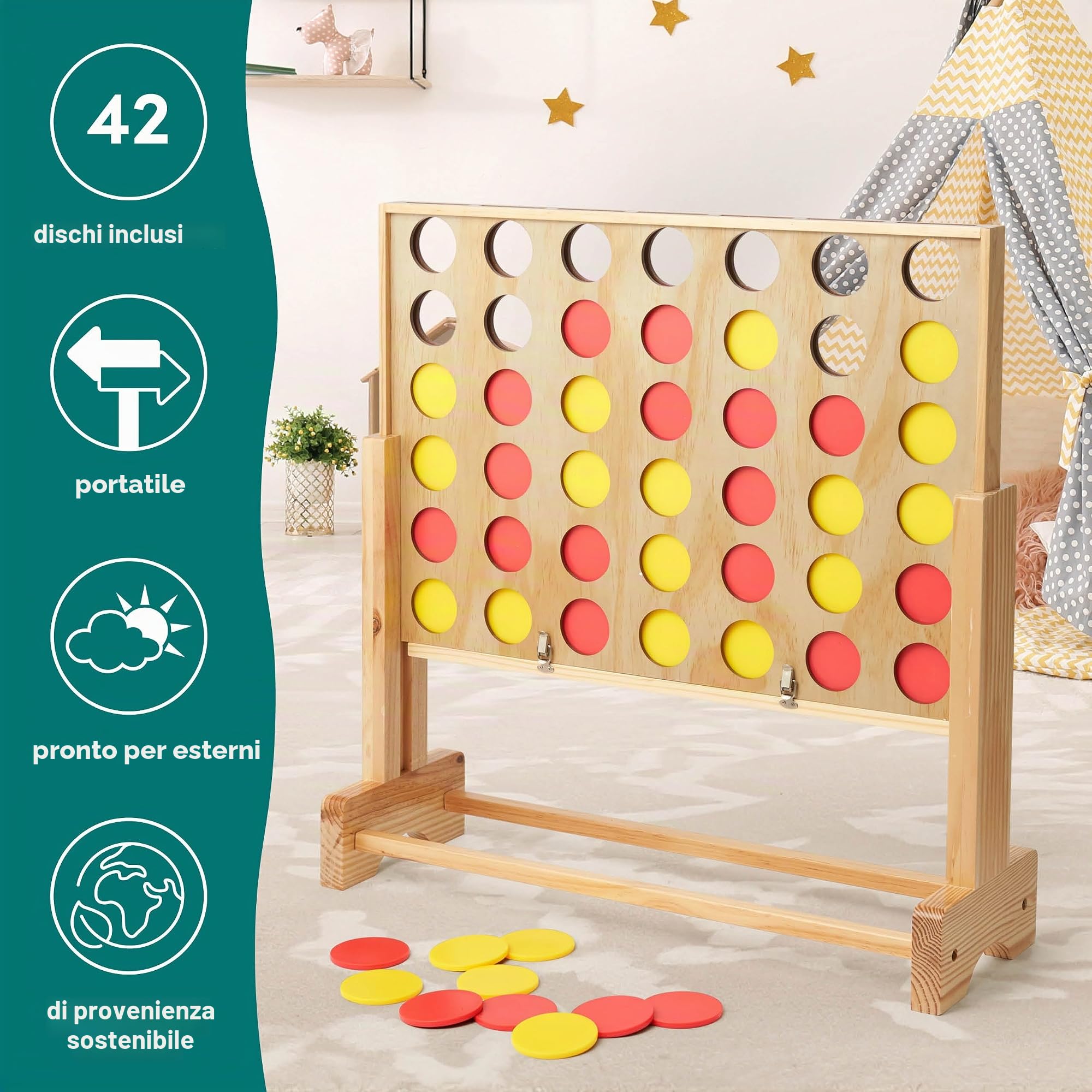 THE TWIDDLERS - Gioco da Giardino Gigante 4 di Fila all'aperto con Borsa Portatile, Gioco in Legno Quattro in Fila per Bambini e Adulti - Altezza Regolabile Fino a 2,6ft / 82cm