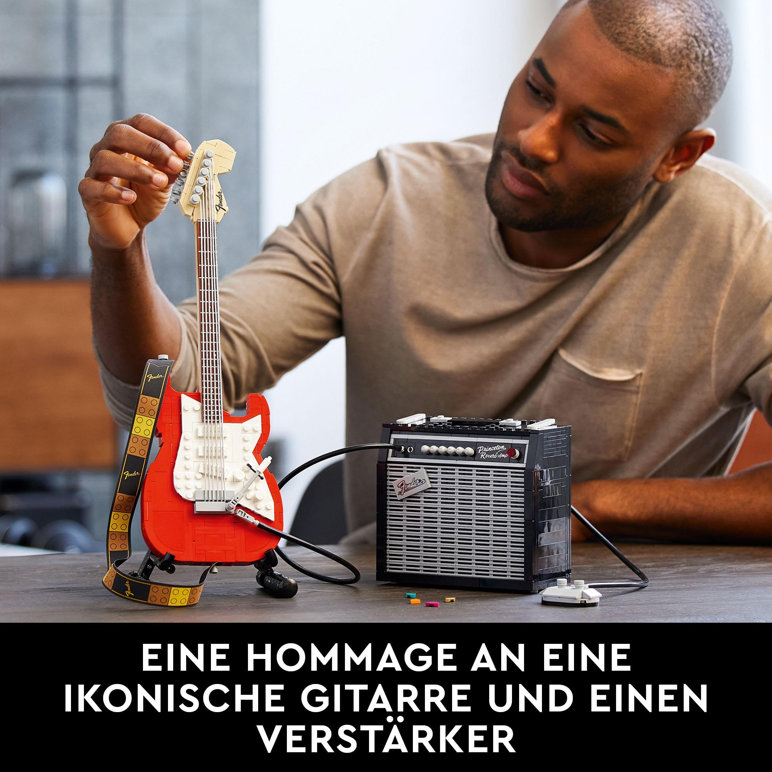 LEGO Ideas Fender Stratocaster, DIY-Gitarren-Kit, Modell-Musikinstrument für Jugendliche und Erwachsene mit 65 Princeton Reverb Verstärker und Gitarren-Zubehör, 21329