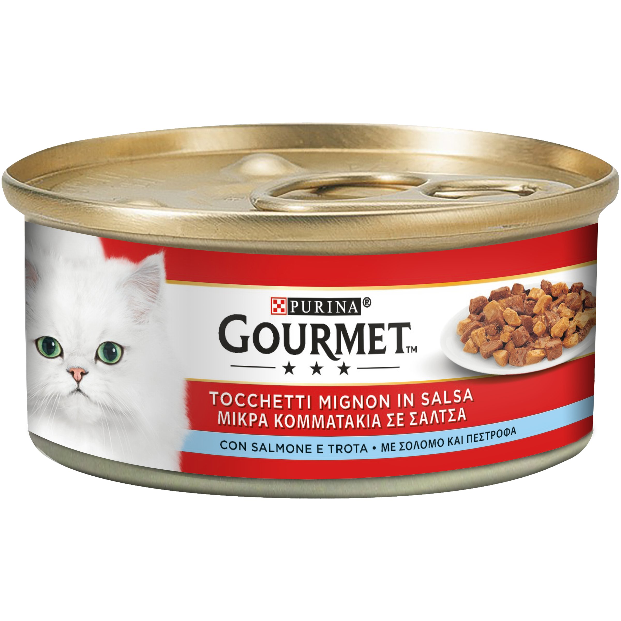 Gourmet Rouge tocchetti Mignon pour Le Chat, avec Saumon et Truite, 195 g – Lot de 24 pièces