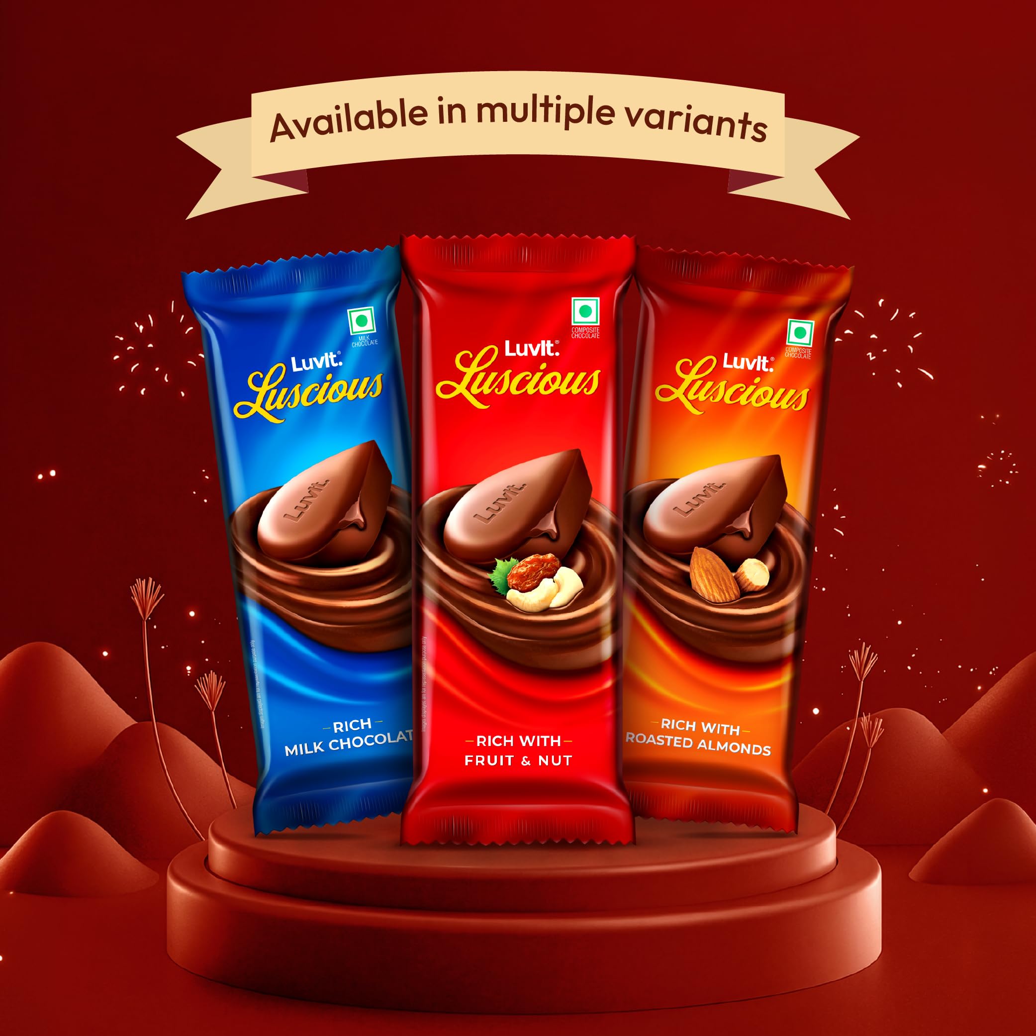 LuvIt. Luscious Milk Chocolates Bar | Combo Pack of Milk, Fruit & Nut, Roasted Almond | Deliciously Smooth | Pack of 12-632g 4