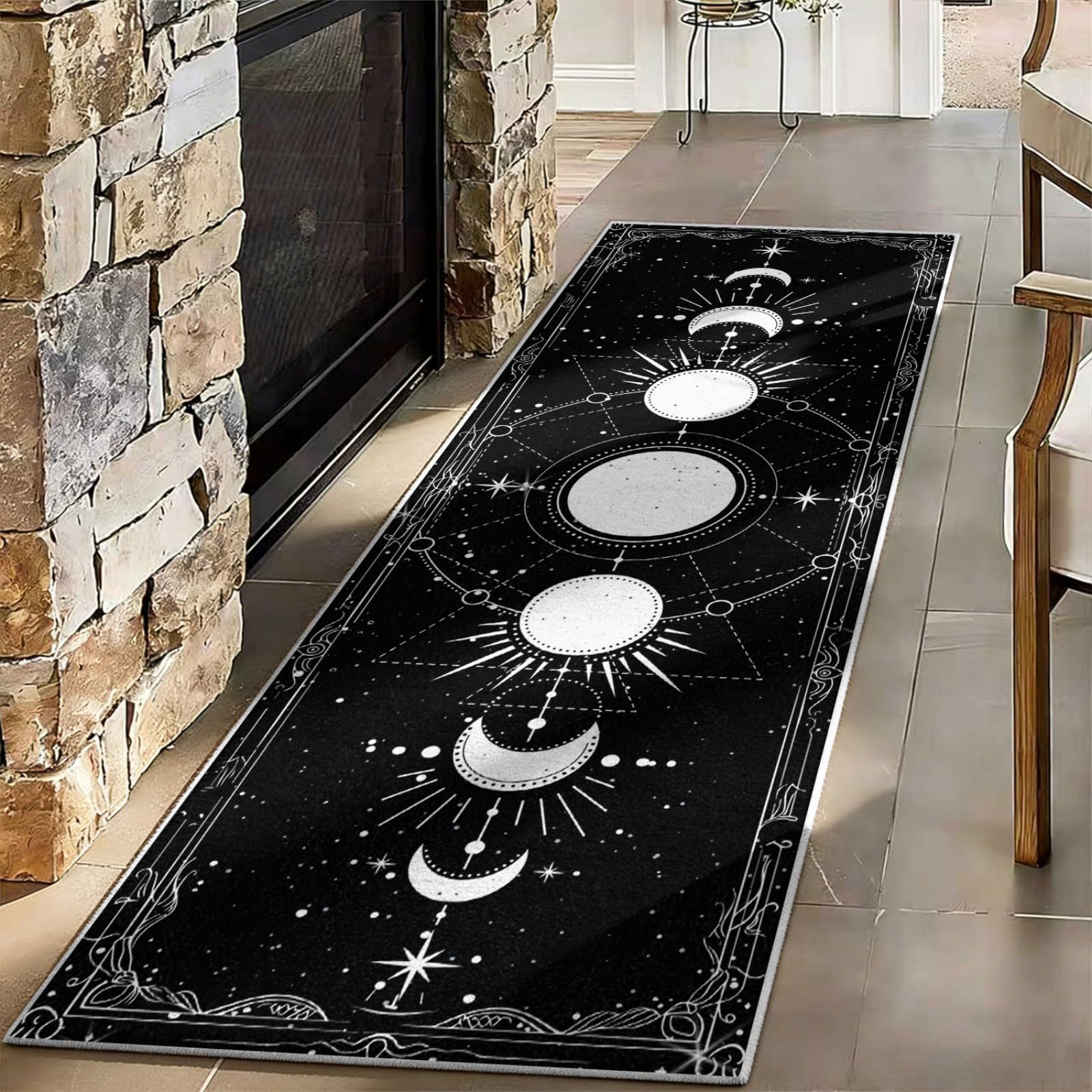 WAOTMN Sun and Moon Carpet Runners Rugs for Hallway Non-Slip 120x170cm Celestial Lunar Phases Black and White Rugs Runner,Rubber Backing Machine Washable Entrance for Kitchen