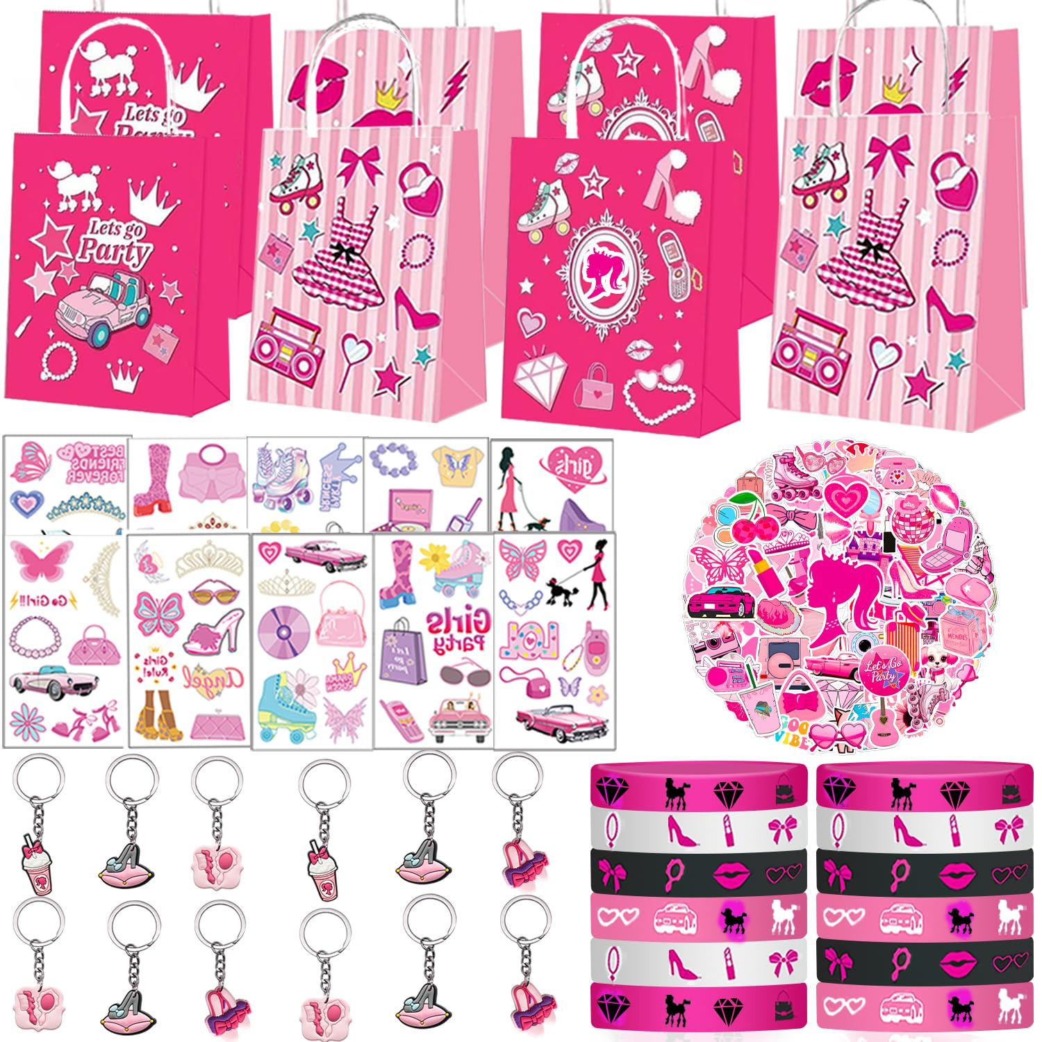 Hot Pink Girl Party Favors Kit, Princess Birthday Party Supplies Included 12 Pcs Pink Goodie Bags with Handles, 50Pcs Stickers,77Pcs Temporary Tattoos,12Pcs Keychain, 12Pcs Pink Girl Wristband