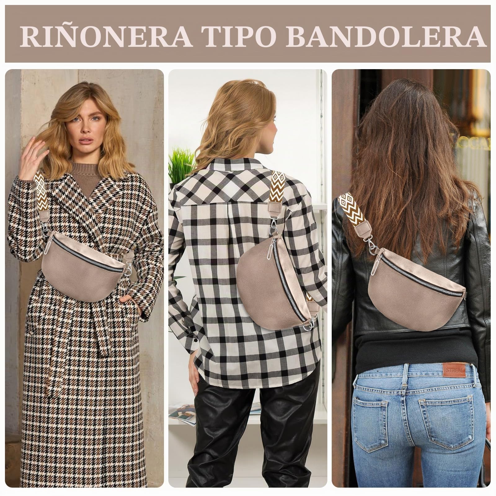 Bolso de Mujer Señoras Pequeño, Bolso Crossbody Señoras Correa Ancha, Riñonera Señoras Estiloso Cuero Repelente al Agua, Elegantes Bolsos Modernos con Correa de Mujer Desmontable