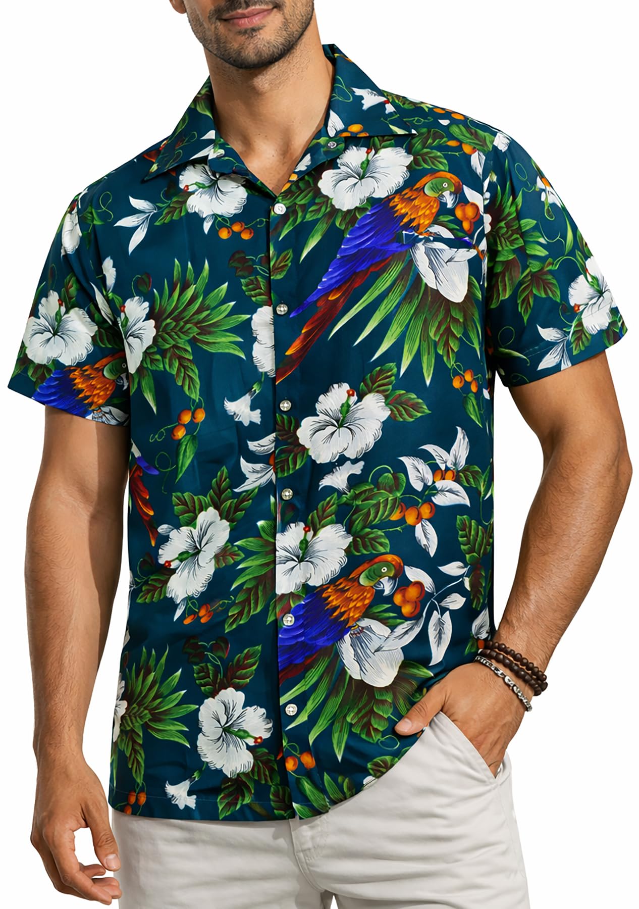 King Kameha Mens Hawaiian Shirt Short Sleeve, Cherryparrot, Petrol Green, XS