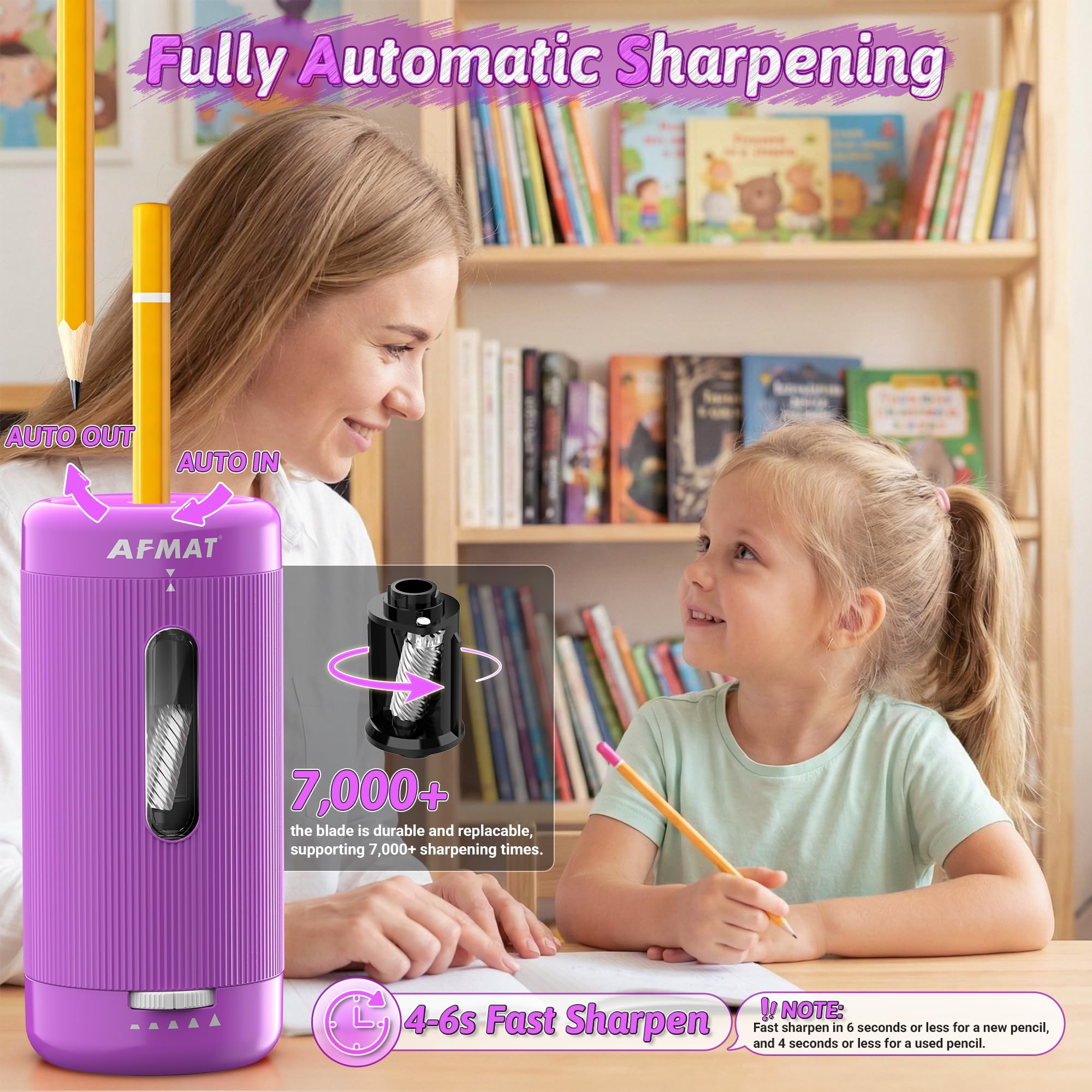 AFMAT Sacapuntas eléctrico, entrada y salida automática, 5 puntas, sacapuntas totalmente automático para aula, sacapuntas manos libres recargables para lápices n.º 2/jumbo/colores (φ6.5-12 mm) PSC3