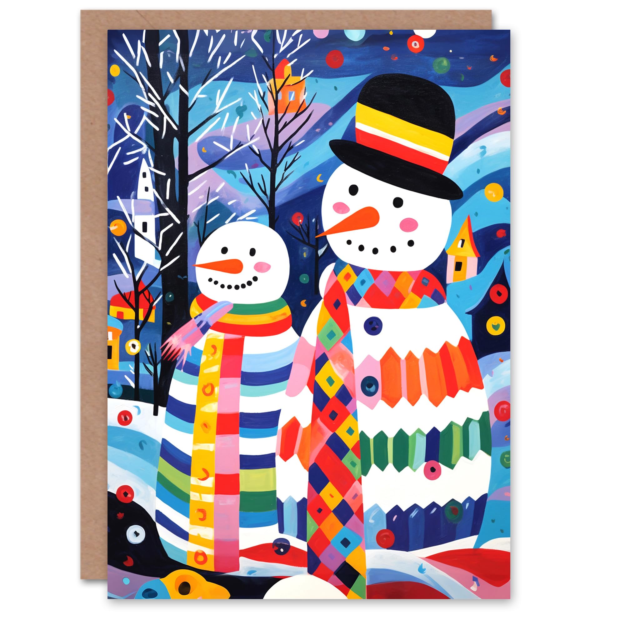 Artery8 Snowman Couple Colourful Folk Art Blank For Him Or Her Art Xmas Festive Christmas Card