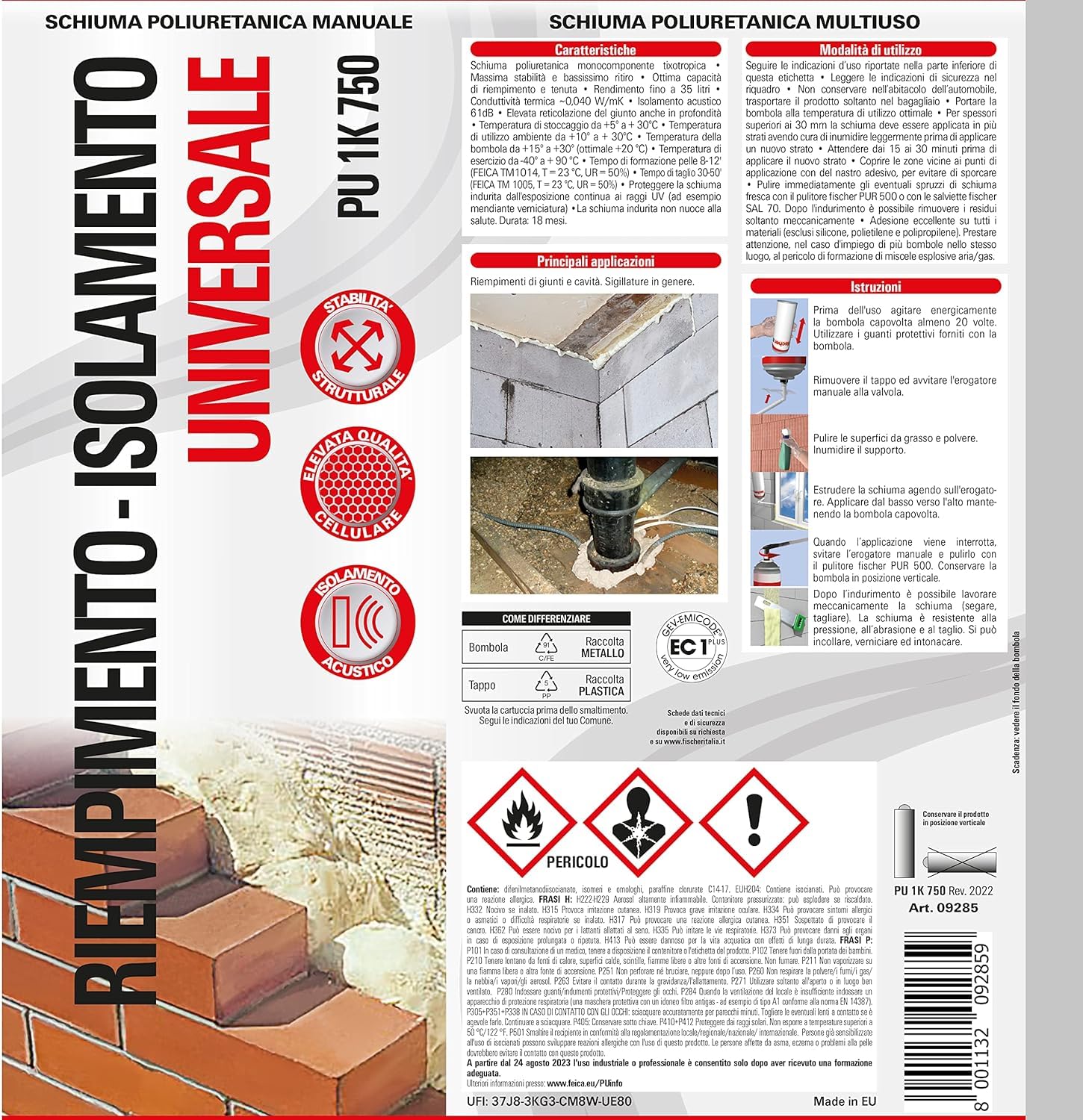 Fischer 12 unidades de espuma de poliuretano 1K 750 ml, universal, uso manual