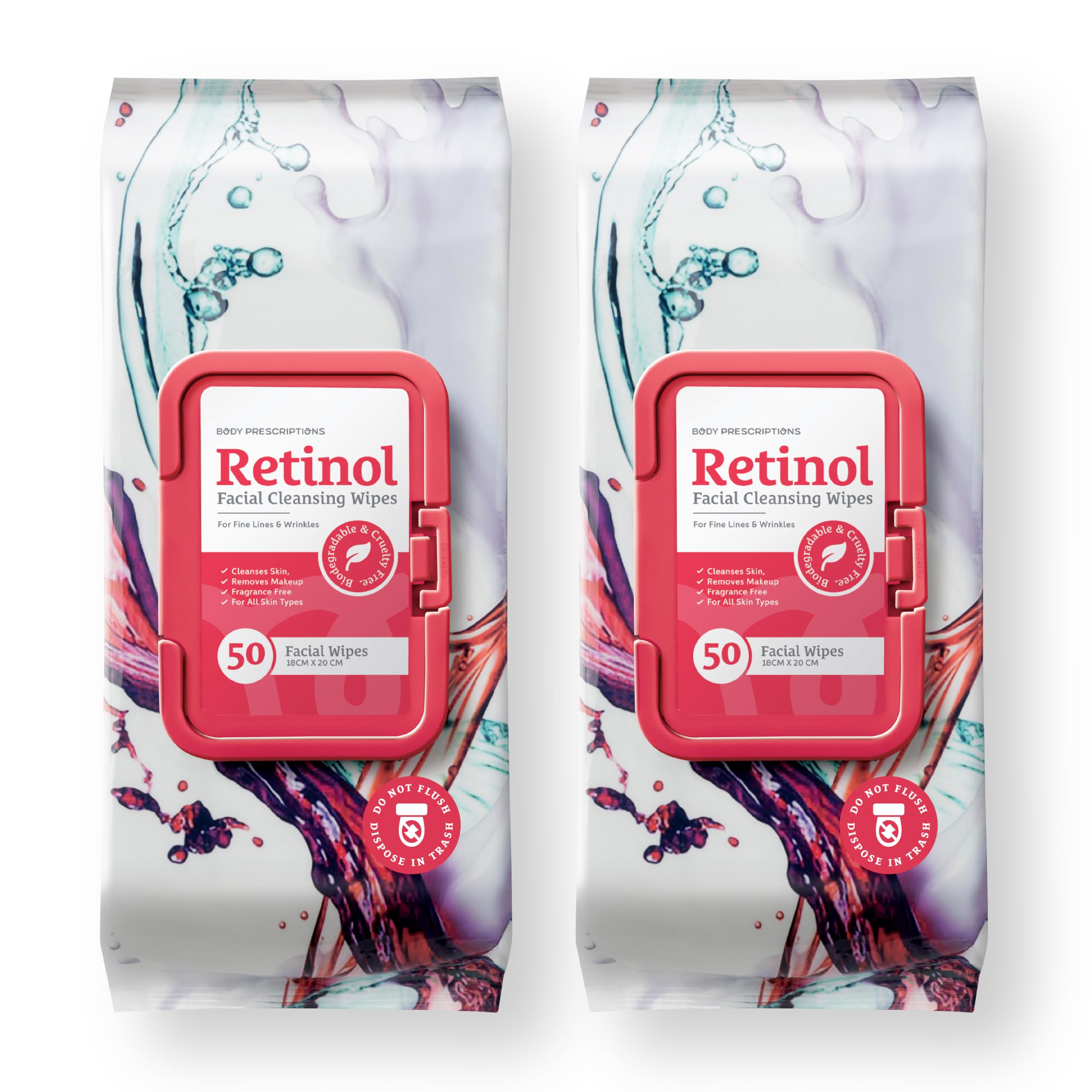 Body Prescription Makeup Cleansing Wipes - Gentle and Effective Face Wipes, 50 Count (Pack of 2), Retinol