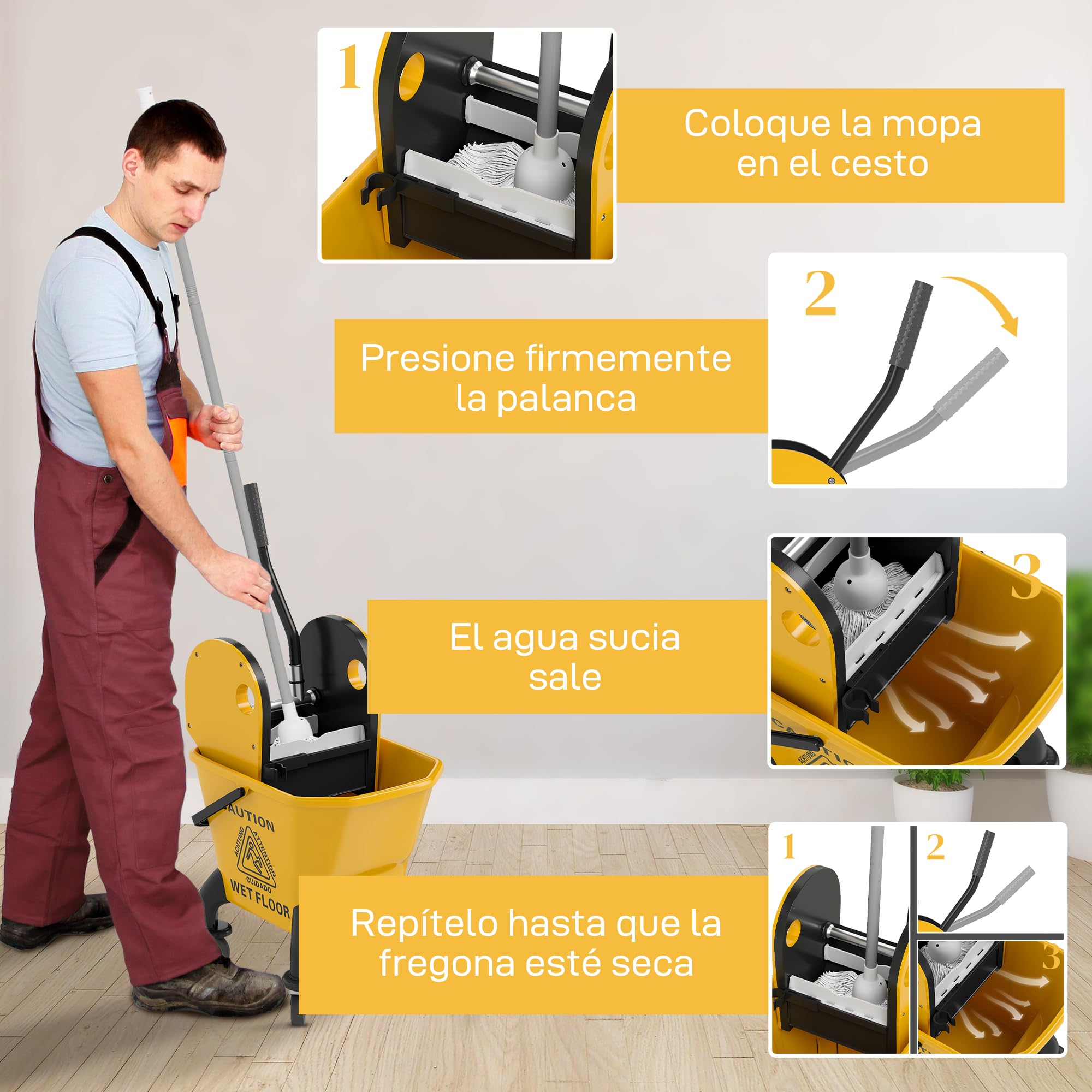 HOMCOM Cubo de Fregona con Ruedas, Escurridor Desmontable de Prensa hacia Abajo, Capacidad 26 L/27,5 qt, Cubo de Fregar Incluye Fregona y Asa, para Uso Comercial y Doméstico, Amarillo