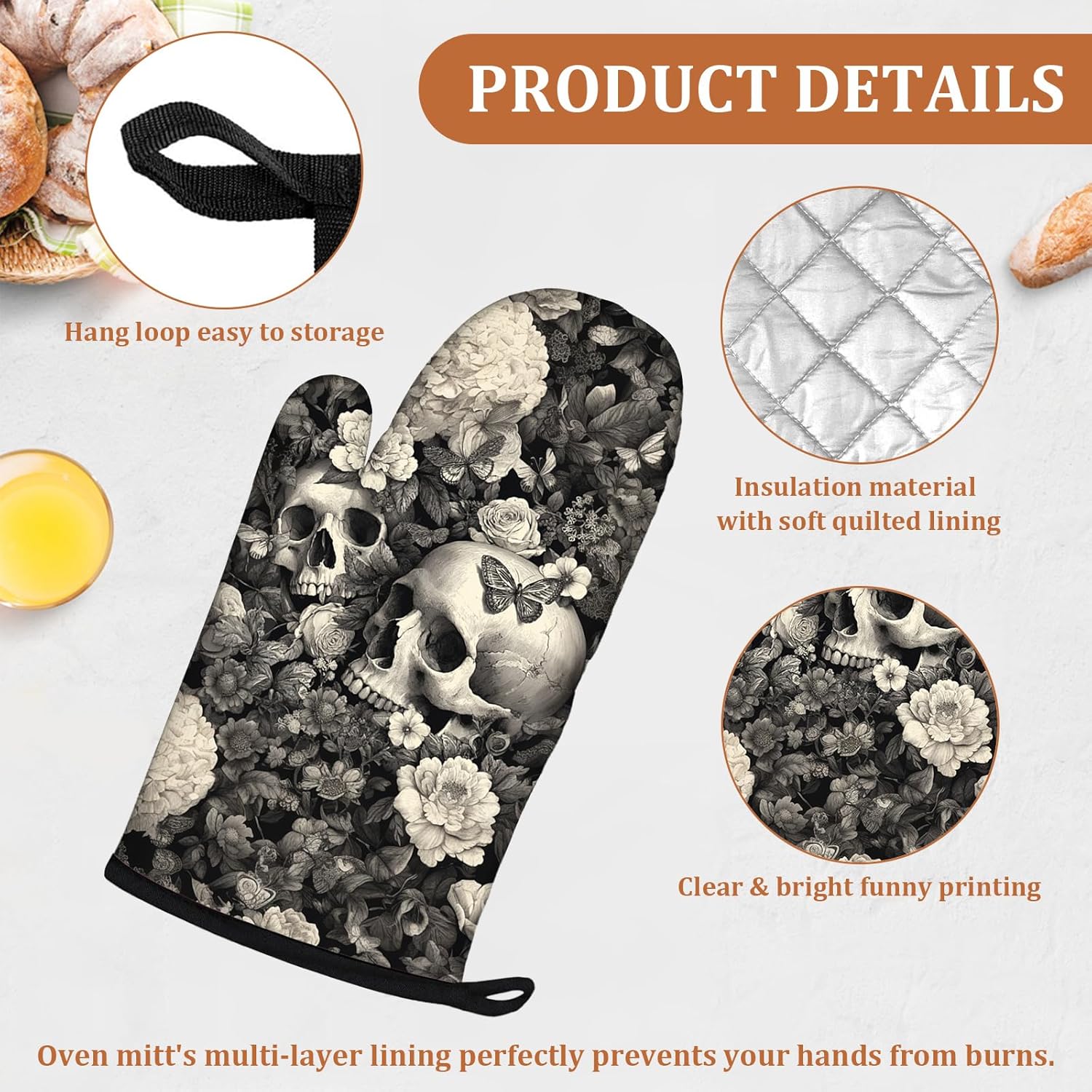 Skull Flower Oven Mitts and Pot Holders Sets 4Pcs Potholders Hot Pads Oven Gloves House Warming for Kitchen Cooking Grilling BBQ