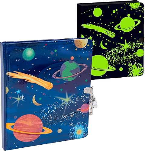Peaceable Kingdom Deep Space Glow in the Dark - Cerradura y llave de 6.25 pulgadas, diario de página rayada para niños