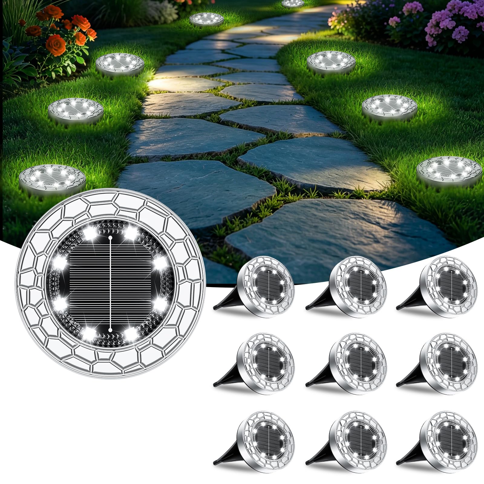 FIFlying 10 Stück Solar Bodenleuchten Aussen 8 LED Solarlampen für außen IP65 Wasserdicht Gartenbeleuchtung Warmweiß Solarleuchten für Garten Weg Einfahrt Rasen Gehweg Patio Terrasse