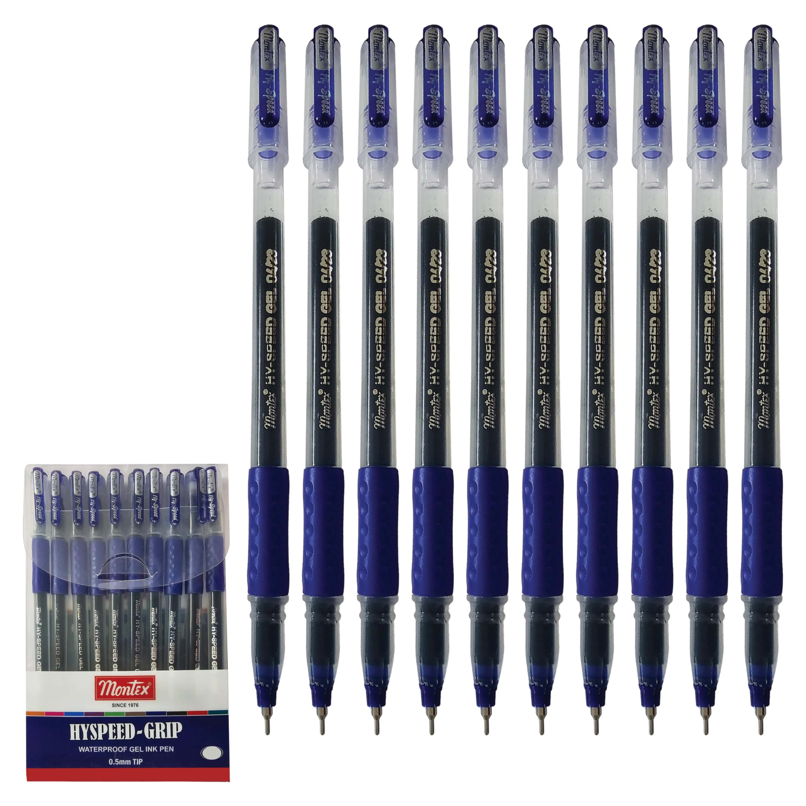 HYSPEED-GRIP Gel Pens, Fine Point (0.5mm), BLUE, Pack of 10, Waterproof Gel Ink Pens, Rubber Grip, School Office Home Everyday Use, iZOFAX Black Ball Pen
