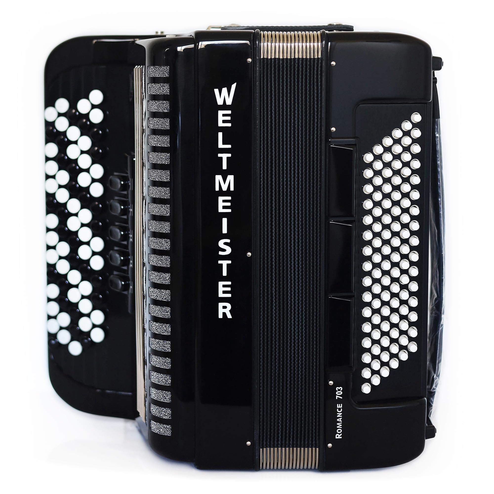 NEW Weltmeister Romance 703 Button Accordion, made in Germany, 96 Bass buttons, 5 Row Chromatic Bayan Accordion B Griff, Black, Straps and Soft Bag, Shipping from the USA