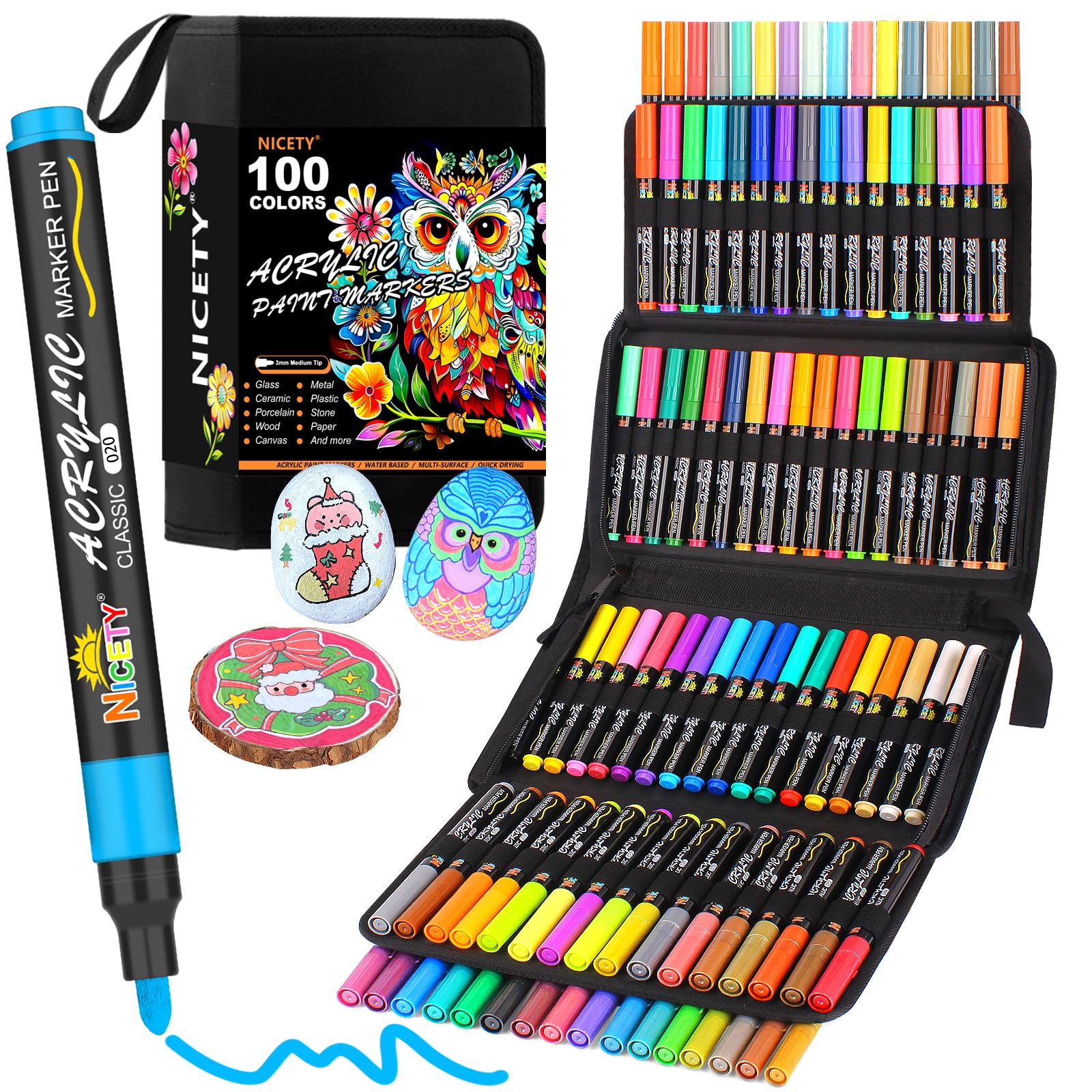 NICETY 100 Pcs Acrylic Paint Pens - 3mm Medium Tip Paint Markers for Rock Painting, Stone, Glass, Wood, Porcelain, Ceramic, Fabric - Water-Based Acrylic Pens