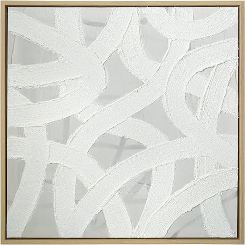 ArtbyHannah Textured Framed Wall Art, Neutral Paintings Hand-painted 3D White Wall Decor with Minimalist Beige Geometric Artwork for Hallway, Office, Hotel Decorations （16x16 inch）