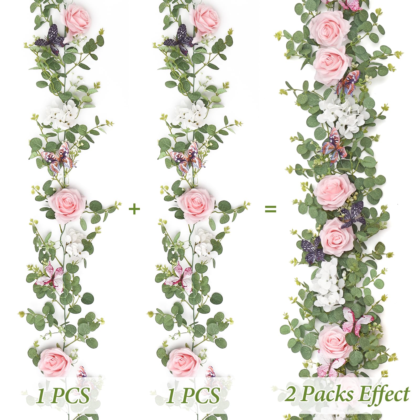 Künstliche Blumengirlande, Hortensien, Reben mit Schmetterlingen, hängende Blumen, grüne Eukalyptus-Girlande für Hochzeit, Zuhause, Party, Zimmer, Tischhintergrund, Dekoration, Rosa, 2 Stück