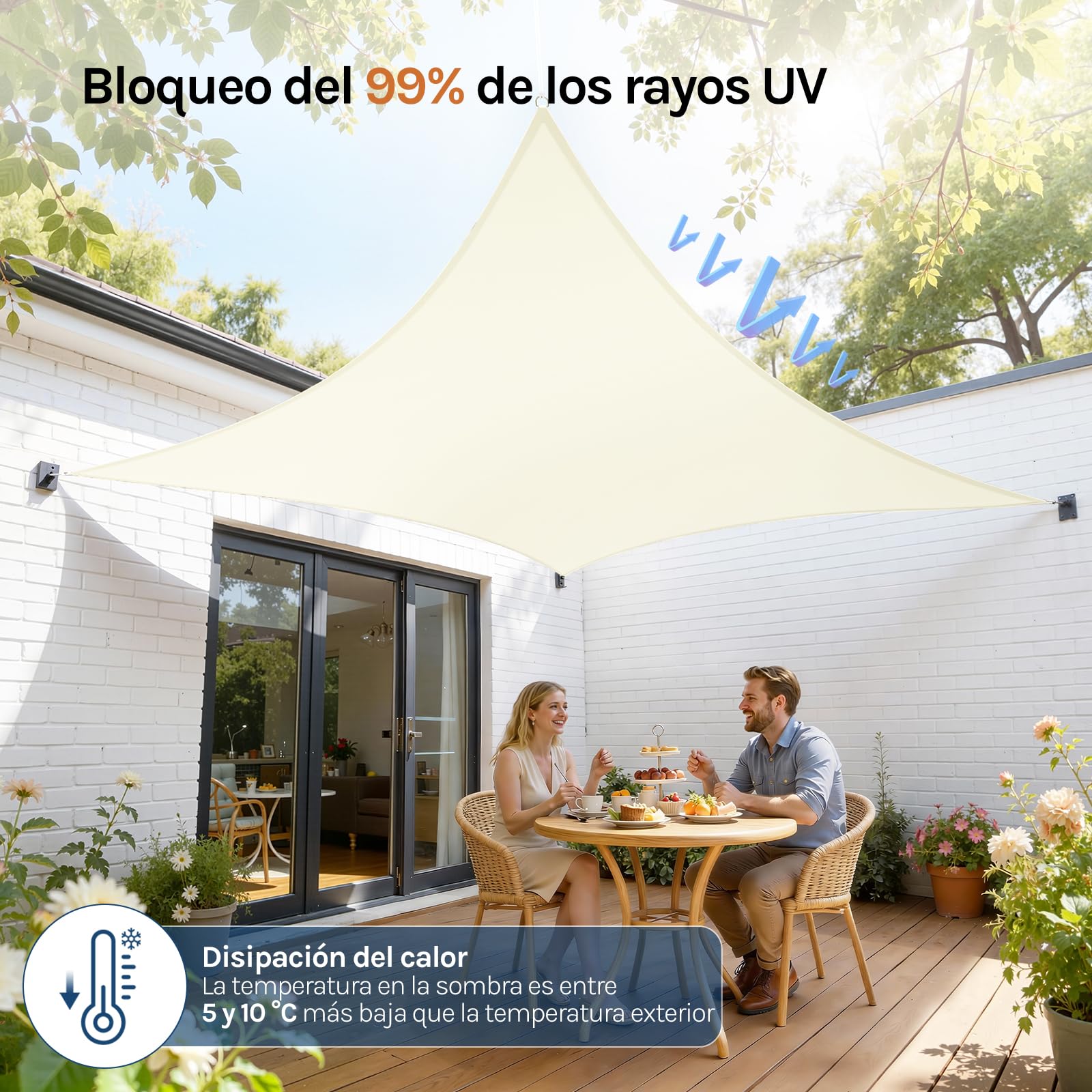 WOLTU Toldo Vela de Sombra Rectangular 2x4 m HDPE Transpirable Anti Rayos UV Solar protección 85% Resistente y para Jardín, Patio, Exteriores Arena, Crema — view 6