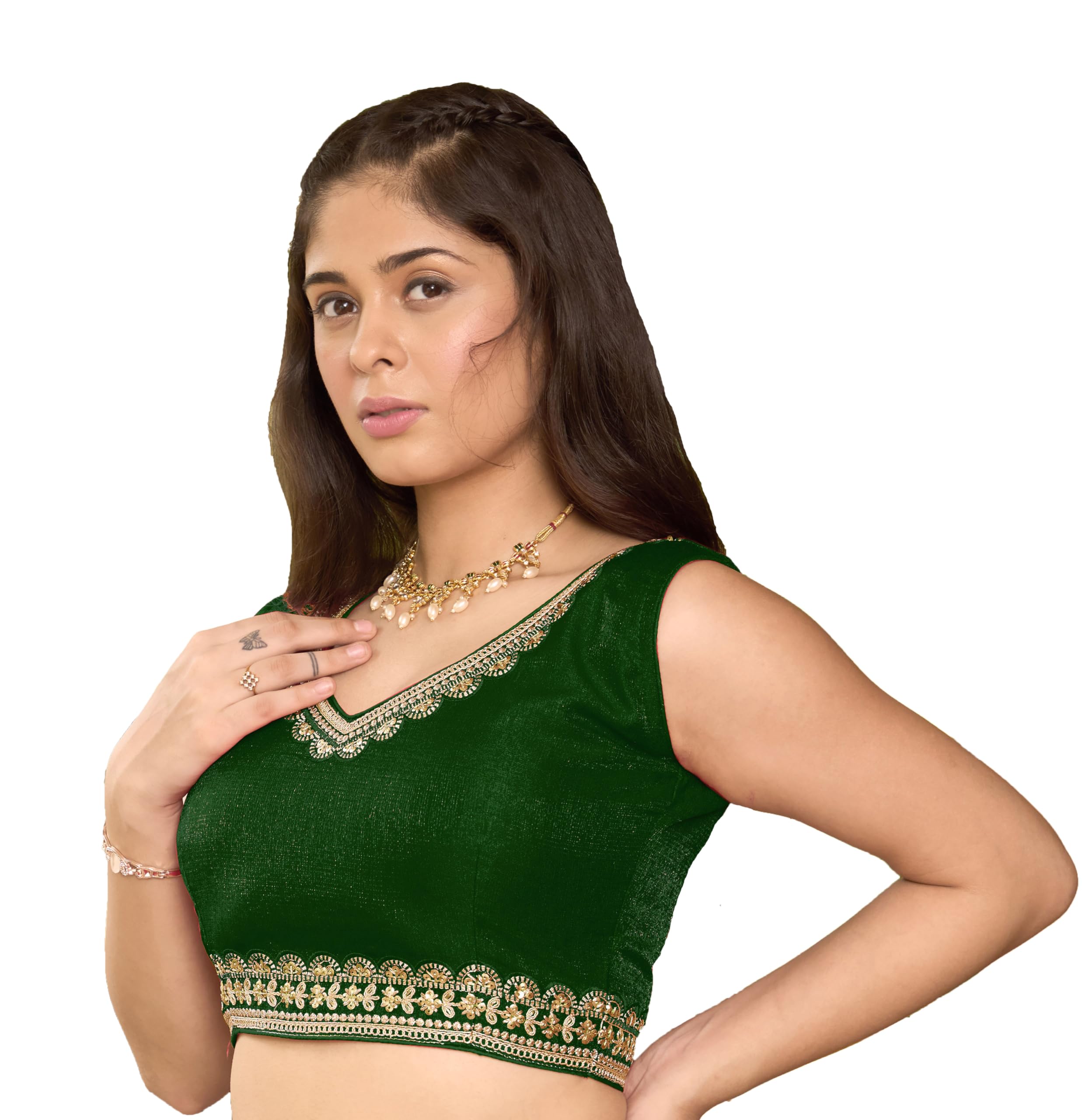 Pujia Mills Women's Sequin Embroidered V Neck Sleeveless Readymade Saree Blouse Indian Ethnic Designer Stitched Readymade Sequence Saree Blouse Sleeveless Blouse Readymade Green Blouse For Women