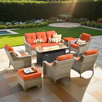 ovios Outdoor 8 Piece Patio Furniture with 54in Fire Pit Table,Wicker Coversation Set with 3 Seater Chair,Comfy Sectional Deep Sofa with Ottoman for Outside Porch Balcony Backyard,Orange