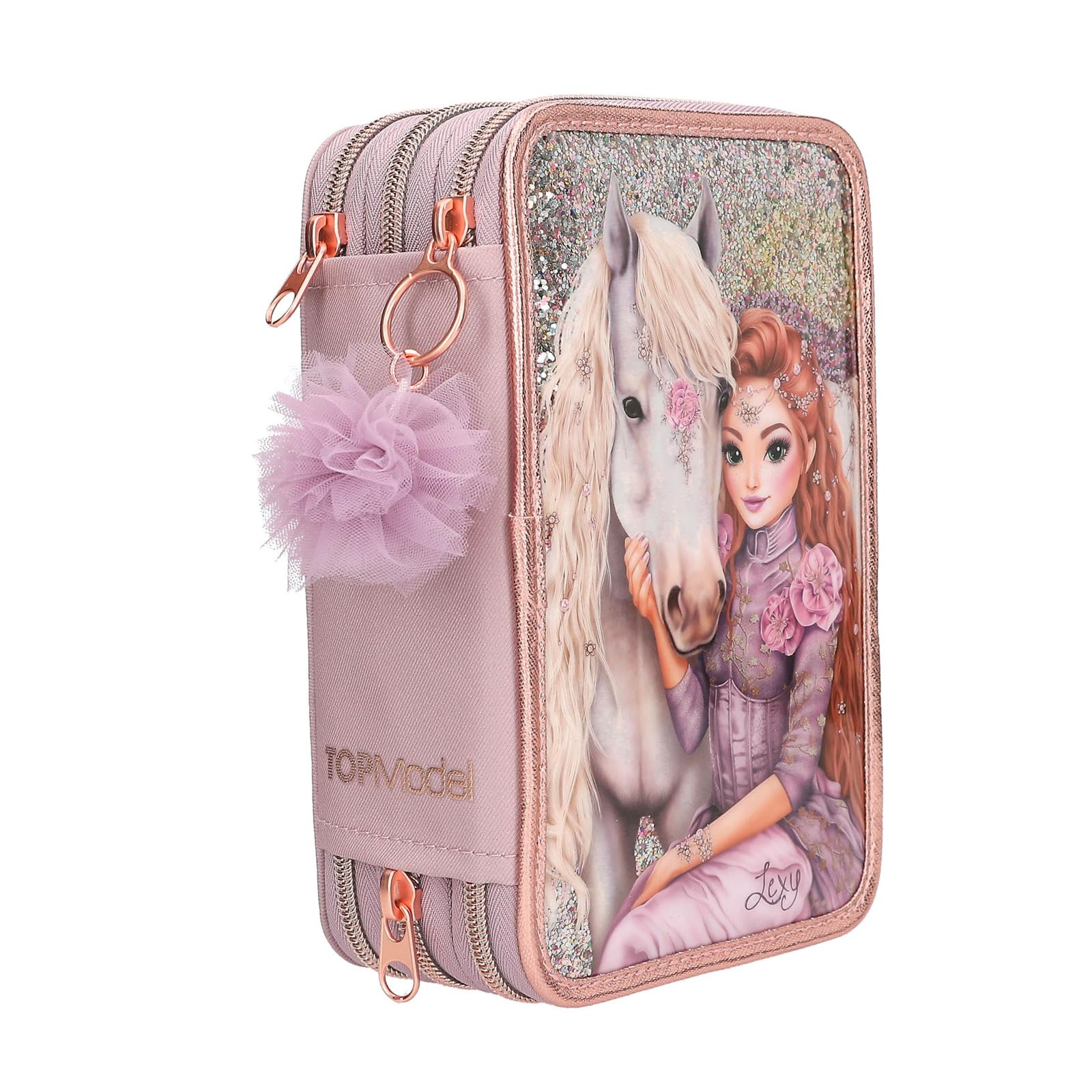 Depesche 13292 TOPModel Viva Violet - Gefüllte 3-Fach Federtasche in Lila, mit Model Motiv, Pferd und Glitzer, Federmappe mit Buntstiften, Lineal, Schere uvm.