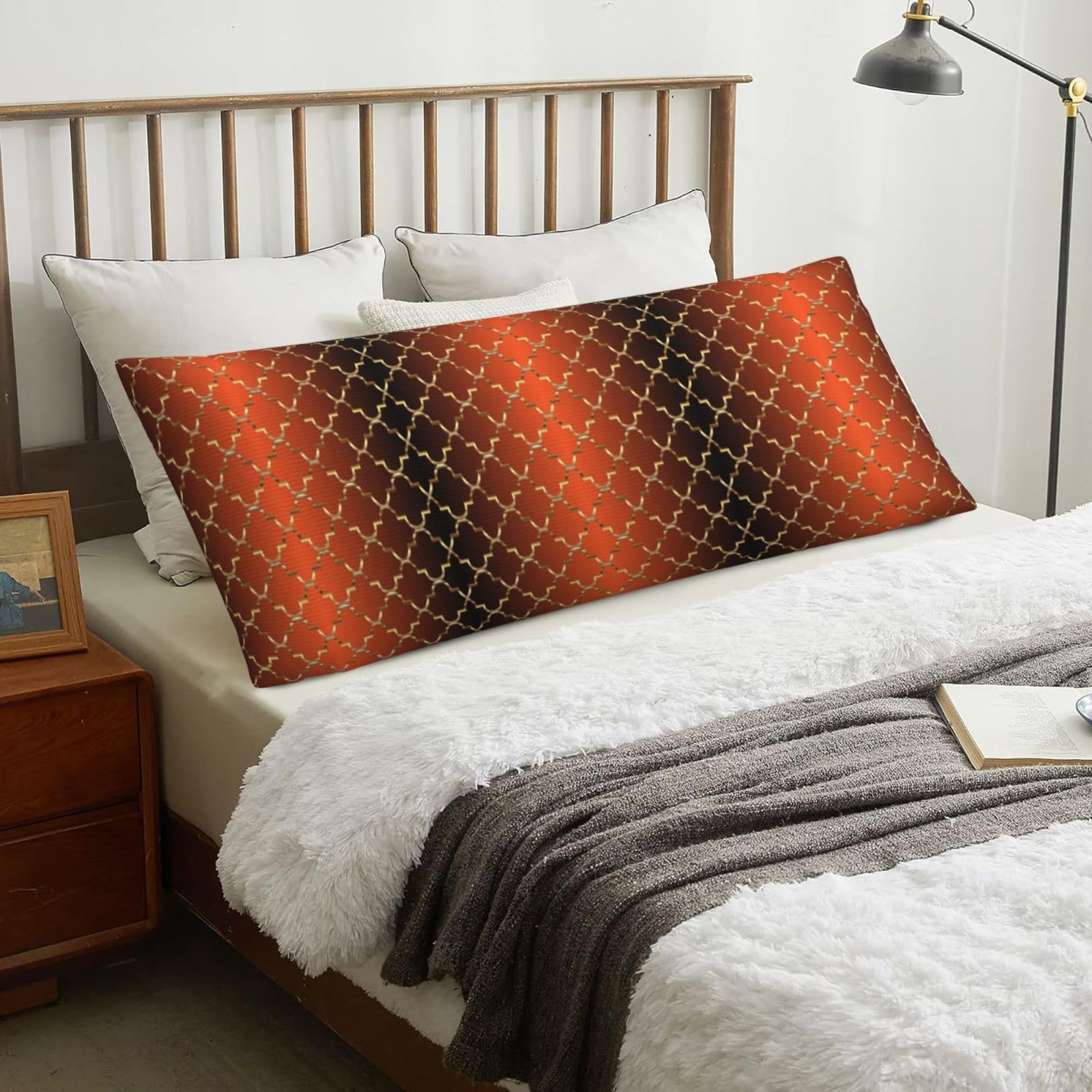 Gold Quatrefoil On Burnt Orange, Body Pillow Cover with Zipper,Long Body Pillowcase 20 x 60 in